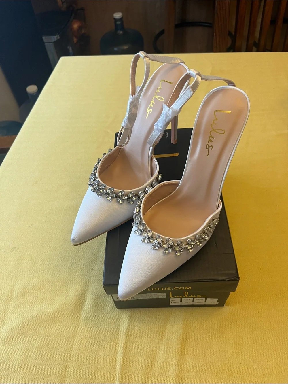 Lulu's Satin White Pointed-Toe Jeweled Slingback Heels